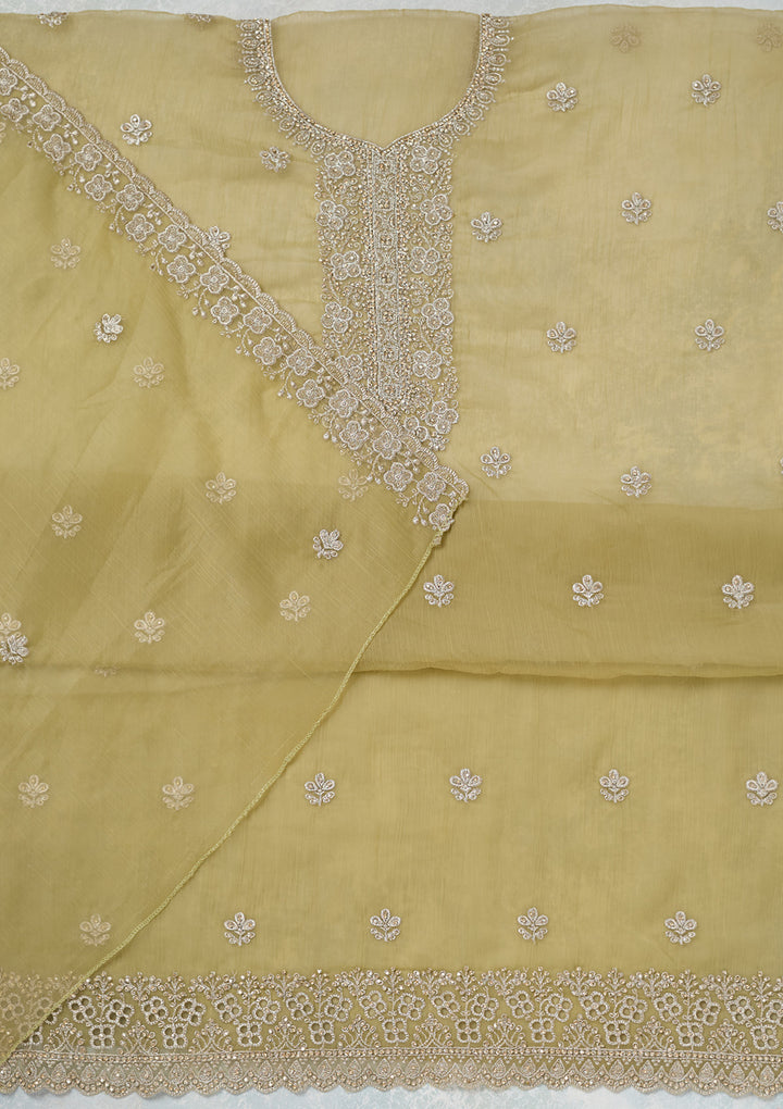 Pista Green Chinon Gold Zariwork Unstitched Dress Material With Matching Bottom And Dupatta