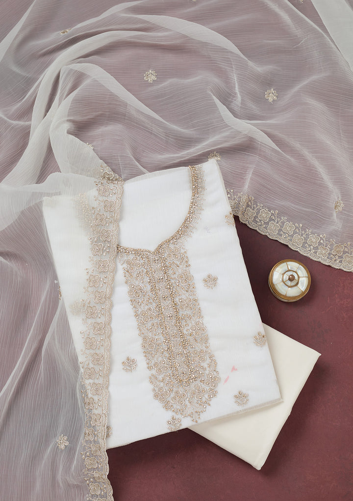 White Chinon Gold Zariwork Unstitched Dress Material With Matching Bottom And Dupatta