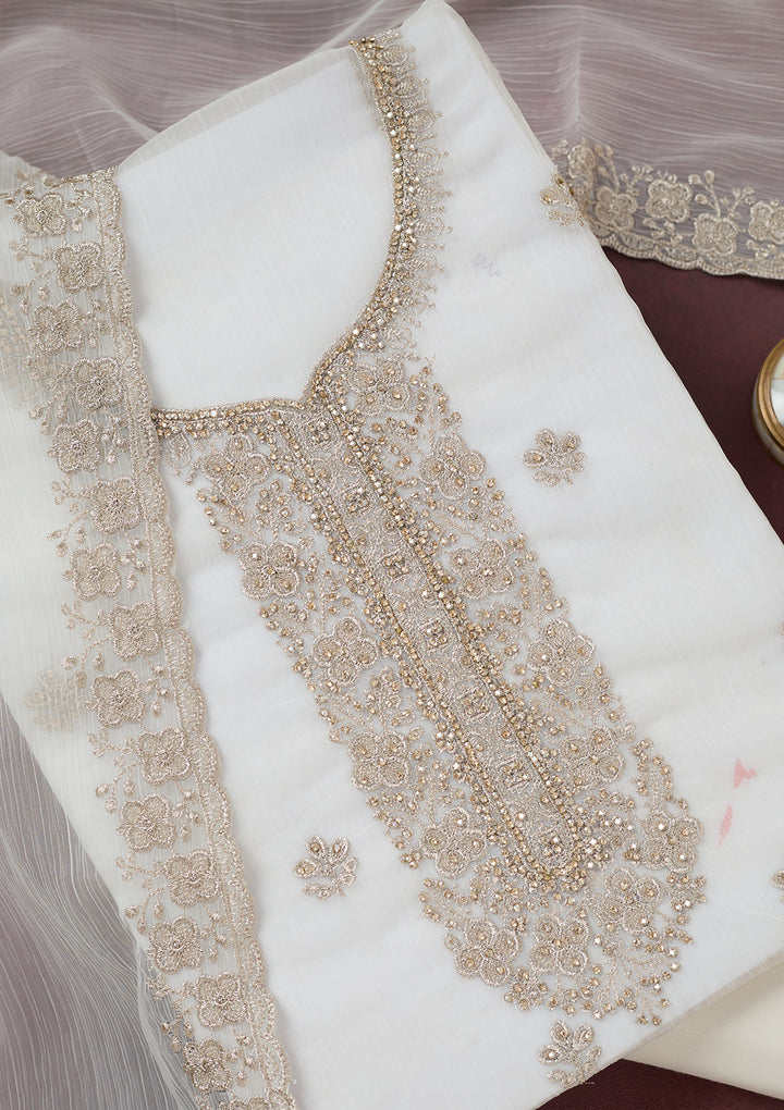 White Chinon Gold Zariwork Unstitched Dress Material With Matching Bottom And Dupatta