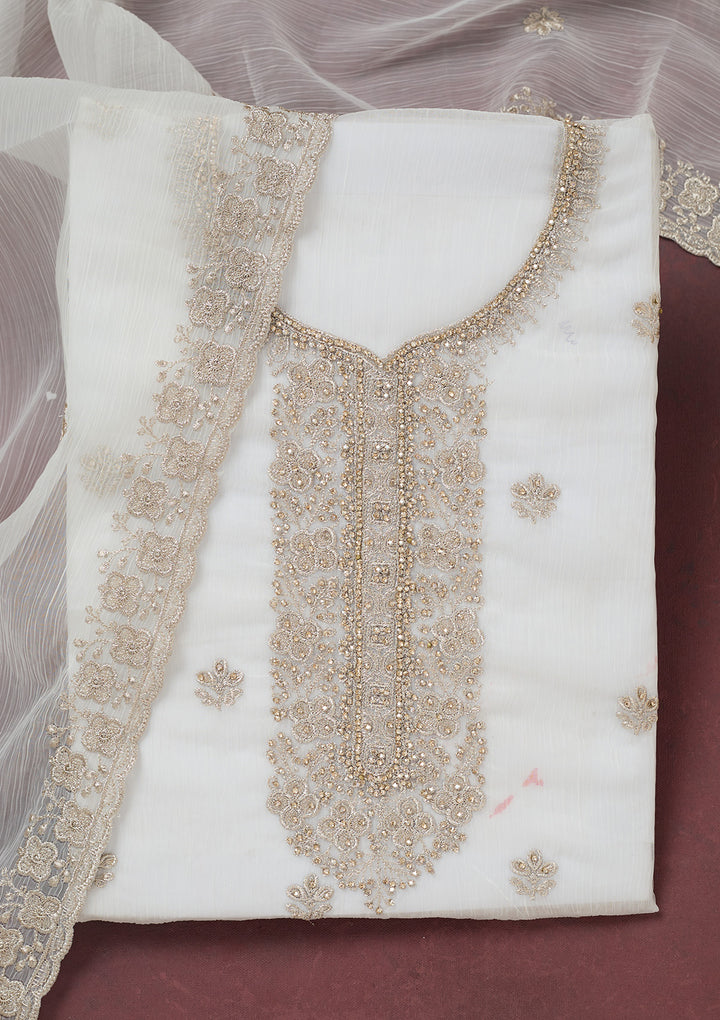 White Chinon Gold Zariwork Unstitched Dress Material With Matching Bottom And Dupatta