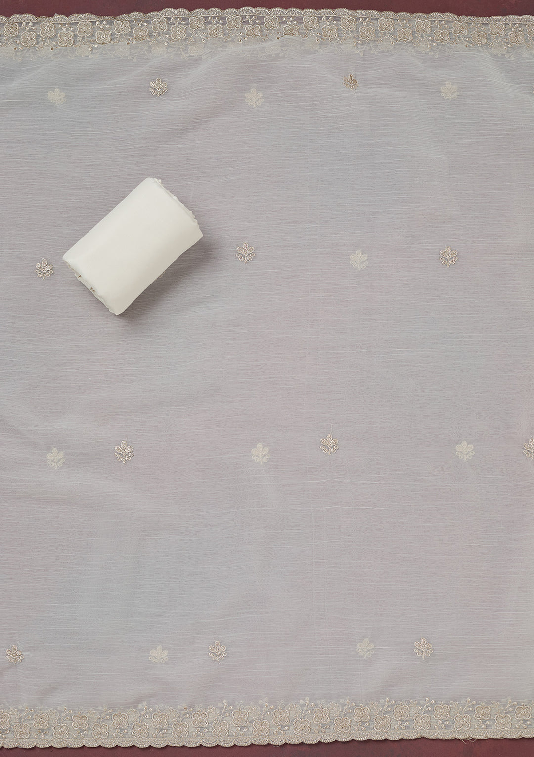 White Chinon Gold Zariwork Unstitched Dress Material With Matching Bottom And Dupatta