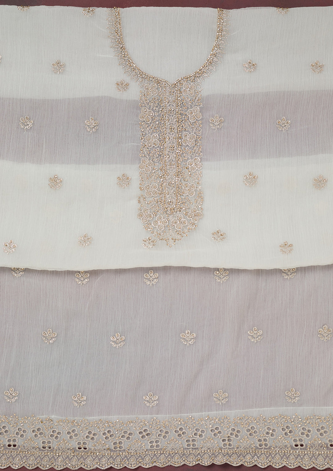 White Chinon Gold Zariwork Unstitched Dress Material With Matching Bottom And Dupatta