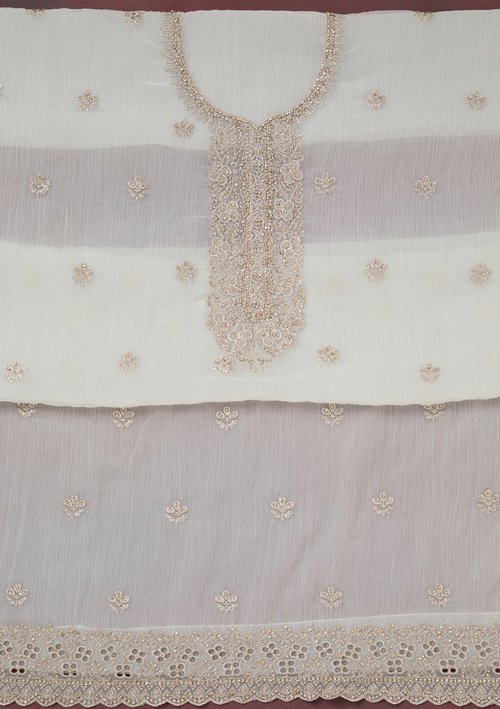 White Chinon Gold Zariwork Unstitched Dress Material With Matching Bottom And Dupatta