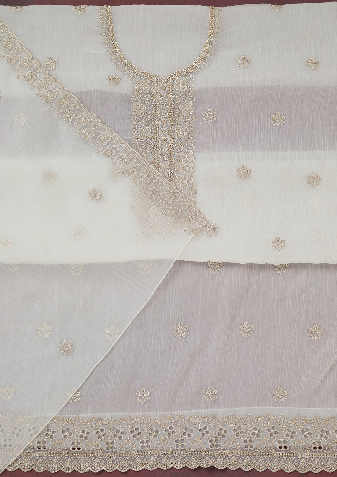 White Chinon Gold Zariwork Unstitched Dress Material With Matching Bottom And Dupatta