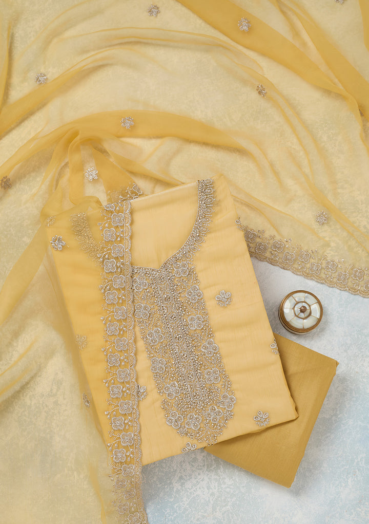 Yellow Chinon Gold Zariwork Unstitched Dress Material With Matching Bottom And Dupatta