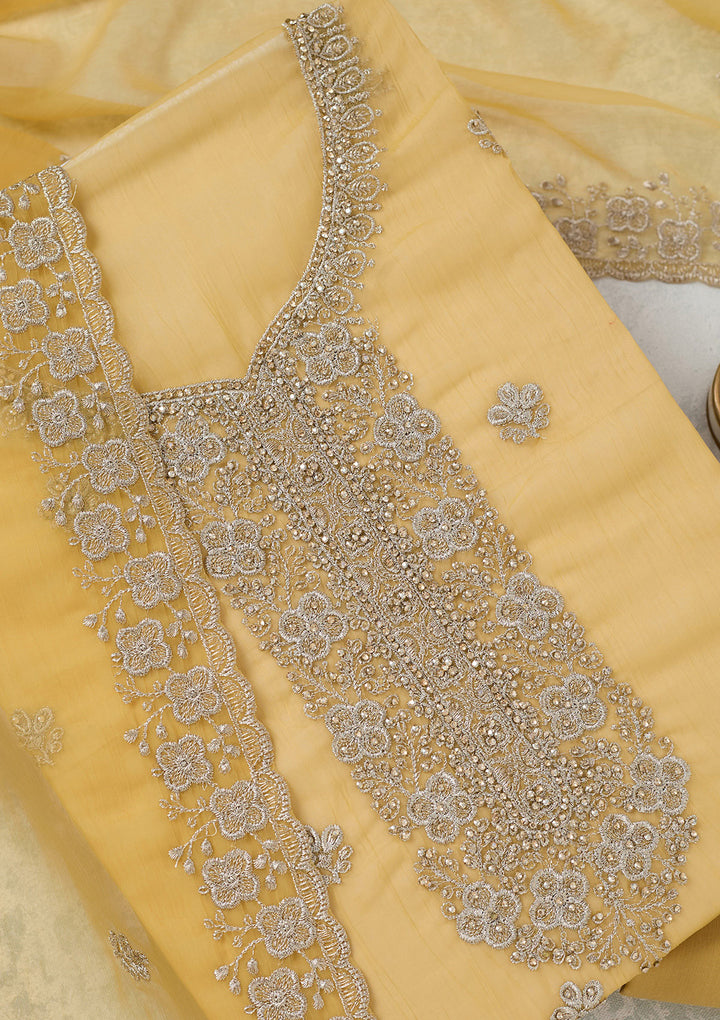 Yellow Chinon Gold Zariwork Unstitched Dress Material With Matching Bottom And Dupatta