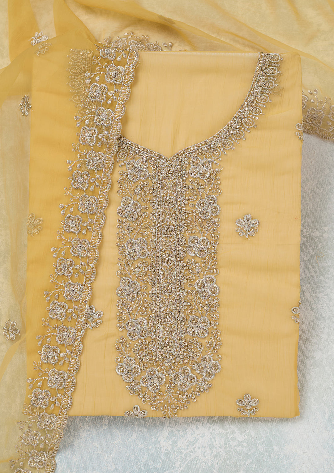 Yellow Chinon Gold Zariwork Unstitched Dress Material With Matching Bottom And Dupatta