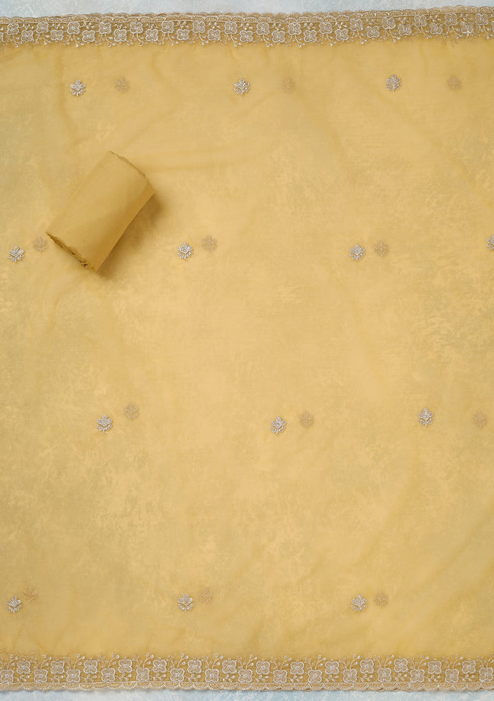 Yellow Chinon Gold Zariwork Unstitched Dress Material With Matching Bottom And Dupatta