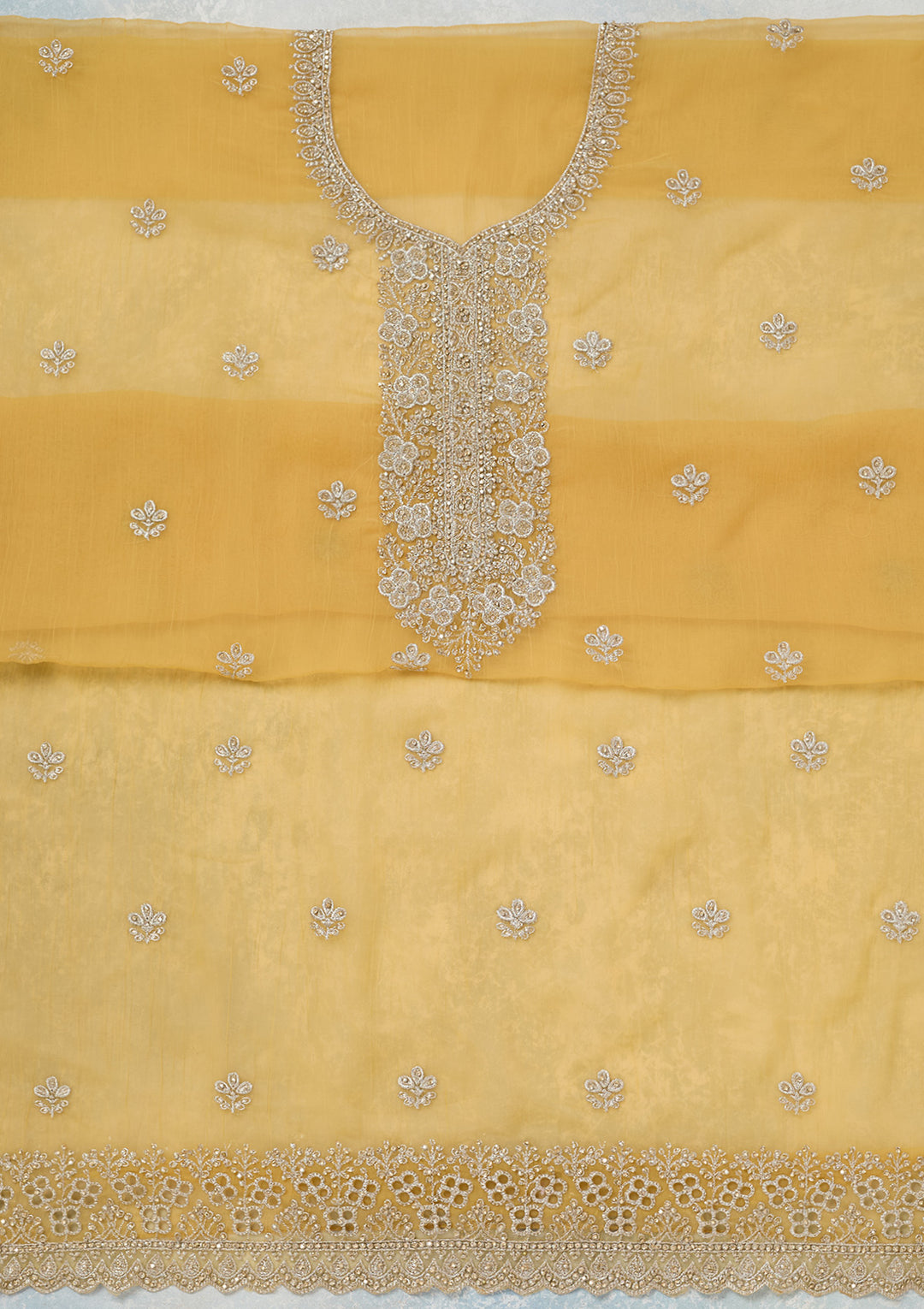 Yellow Chinon Gold Zariwork Unstitched Dress Material With Matching Bottom And Dupatta