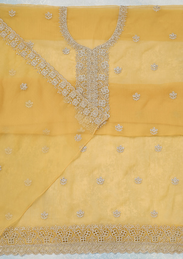 Yellow Chinon Gold Zariwork Unstitched Dress Material With Matching Bottom And Dupatta