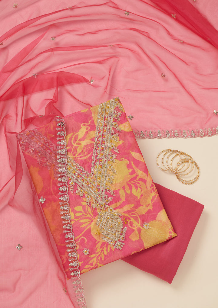 Mustard Multi Organza Gold Zariwork Unstitched Dress Material With Matching Bottom And Dupatta