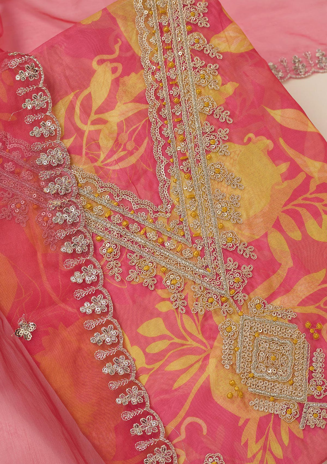 Mustard Multi Organza Gold Zariwork Unstitched Dress Material With Matching Bottom And Dupatta