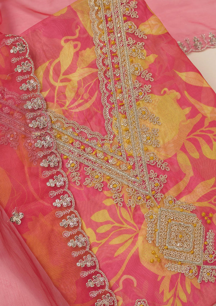 Mustard Multi Organza Gold Zariwork Unstitched Dress Material With Matching Bottom And Dupatta