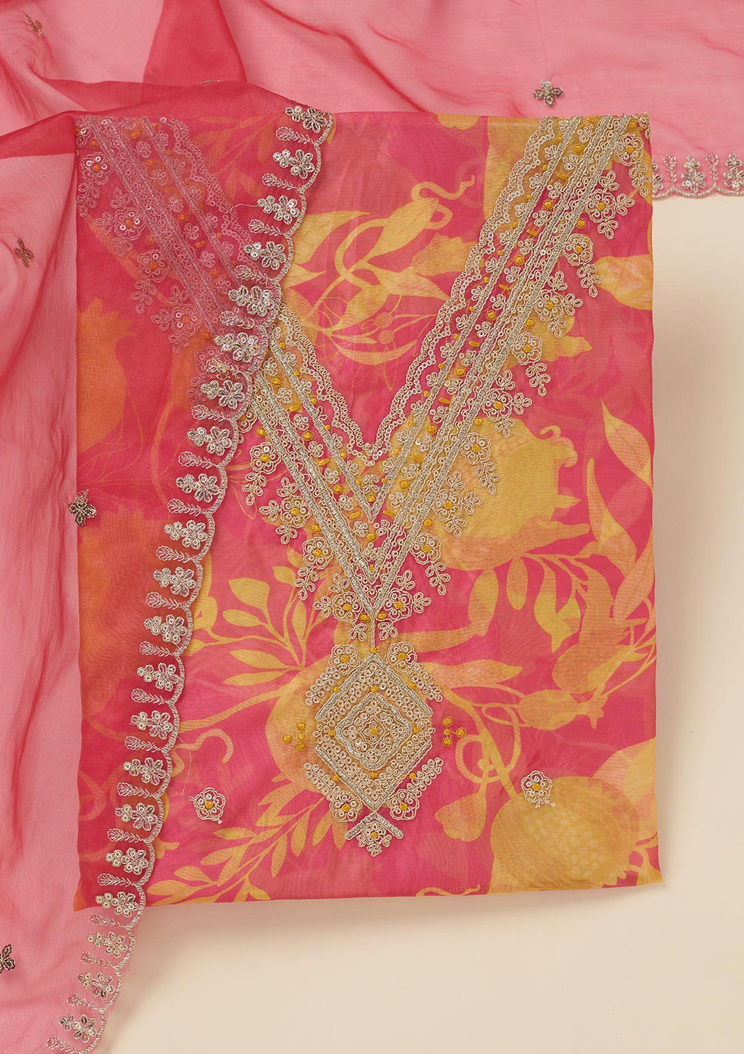 Mustard Multi Organza Gold Zariwork Unstitched Dress Material With Matching Bottom And Dupatta