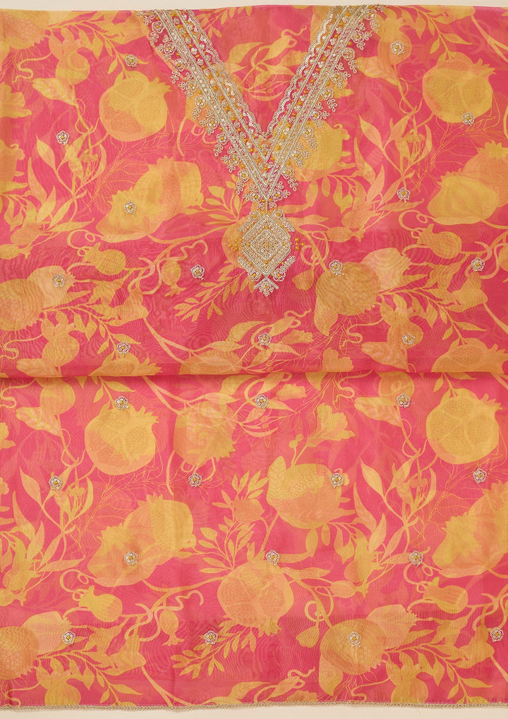 Mustard Multi Organza Gold Zariwork Unstitched Dress Material With Matching Bottom And Dupatta