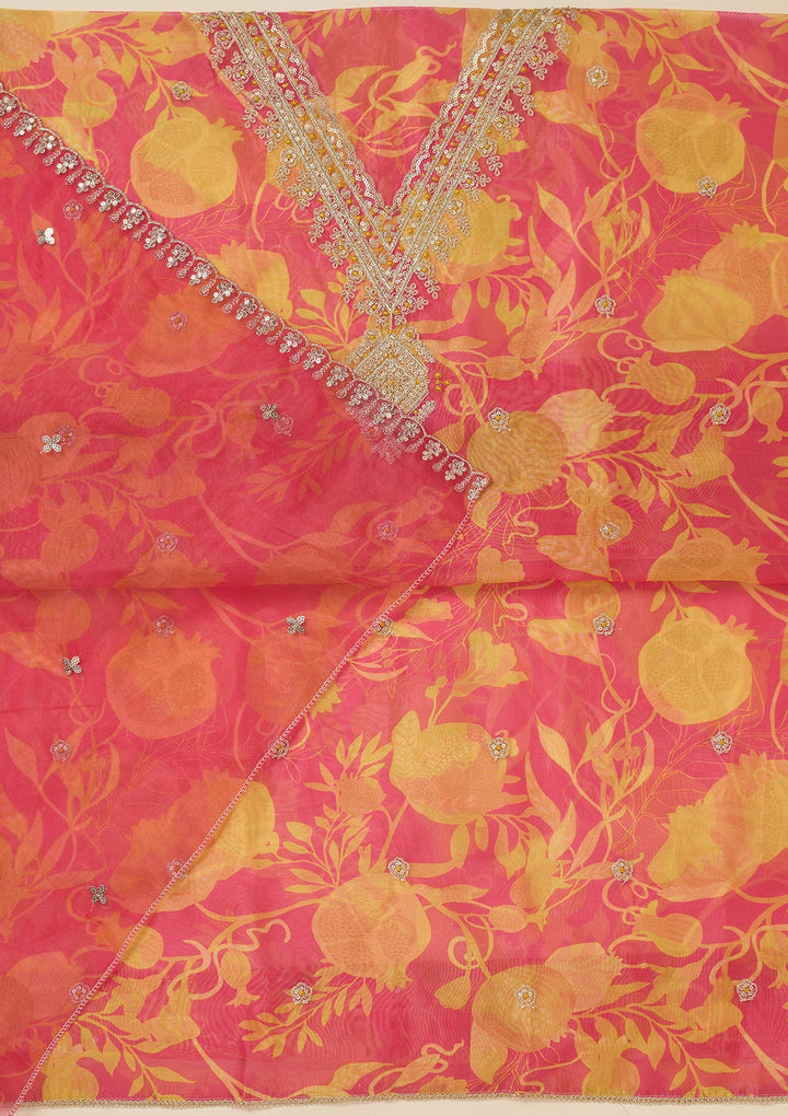 Mustard Multi Organza Gold Zariwork Unstitched Dress Material With Matching Bottom And Dupatta