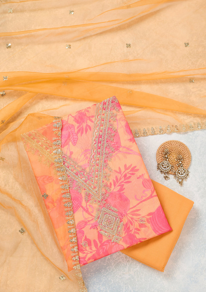 Orange Multi Organza Floral Gold Zariwork Unstitched Dress Material With Matching Bottom And Dupatta