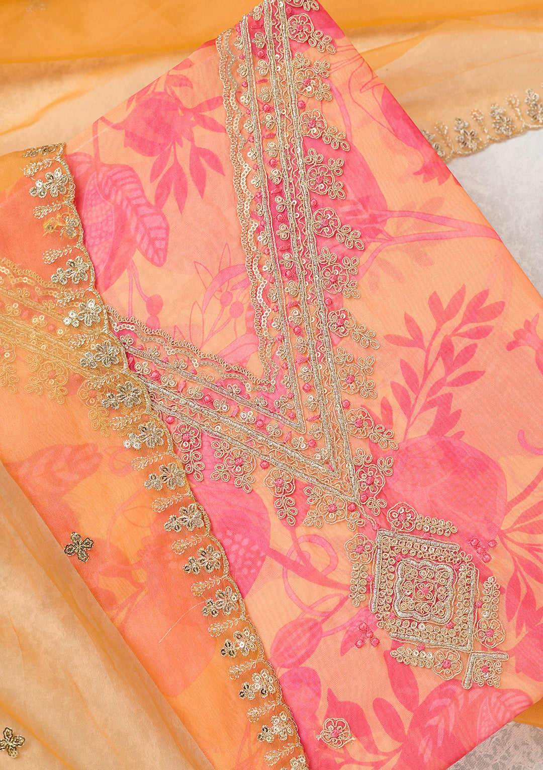 Orange Multi Organza Floral Gold Zariwork Unstitched Dress Material With Matching Bottom And Dupatta
