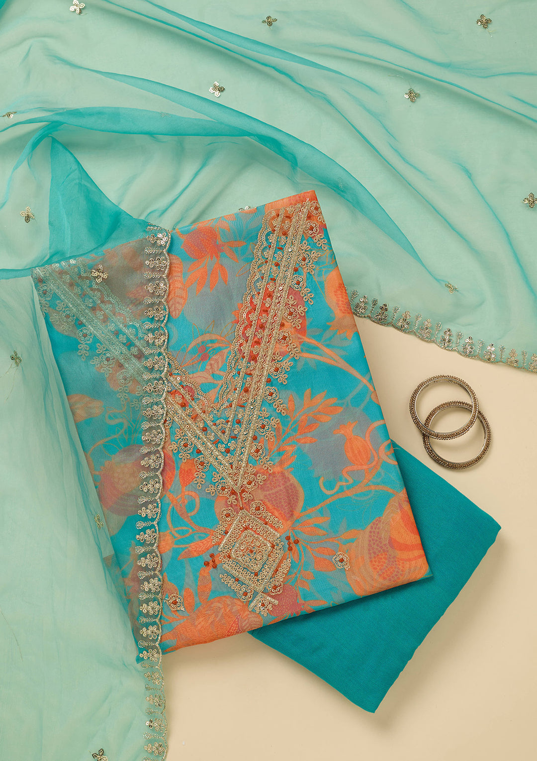Turquoise Blue Multi Organza Floral Gold Zariwork Unstitched Dress Material With Matching Bottom And Dupatta