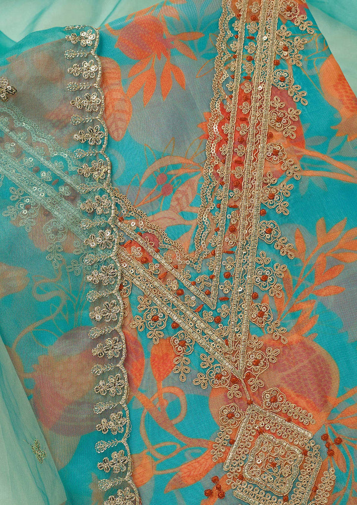 Turquoise Blue Multi Organza Floral Gold Zariwork Unstitched Dress Material With Matching Bottom And Dupatta