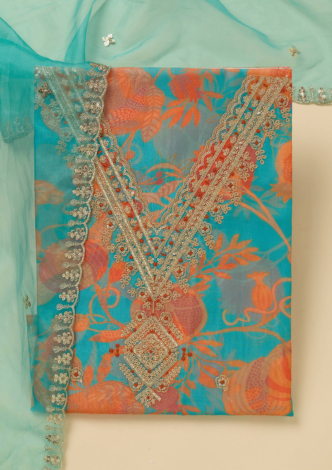 Turquoise Blue Multi Organza Floral Gold Zariwork Unstitched Dress Material With Matching Bottom And Dupatta