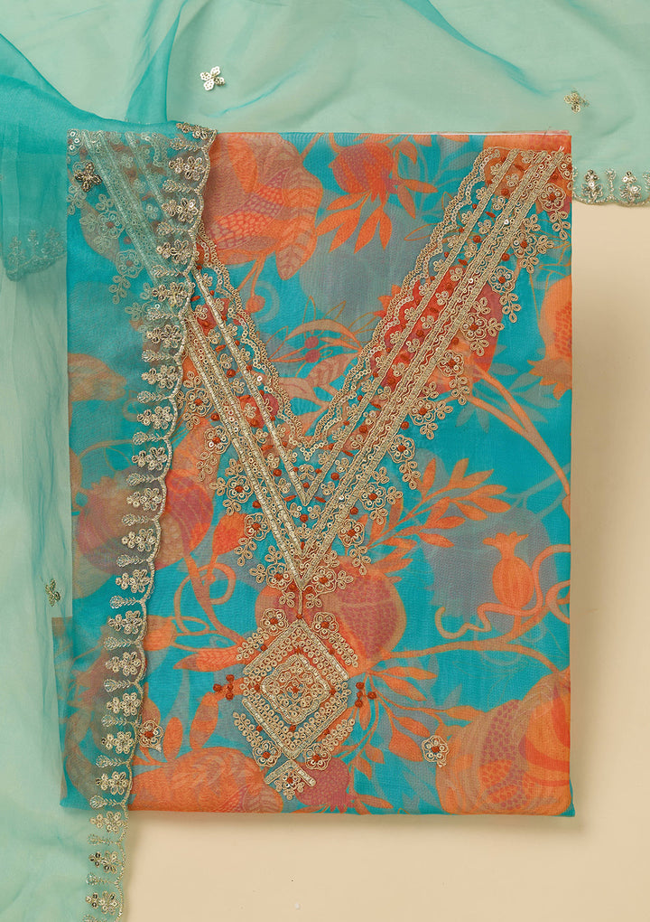 Turquoise Blue Multi Organza Floral Gold Zariwork Unstitched Dress Material With Matching Bottom And Dupatta