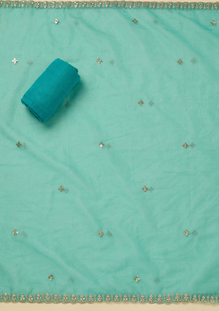 Turquoise Blue Multi Organza Floral Gold Zariwork Unstitched Dress Material With Matching Bottom And Dupatta