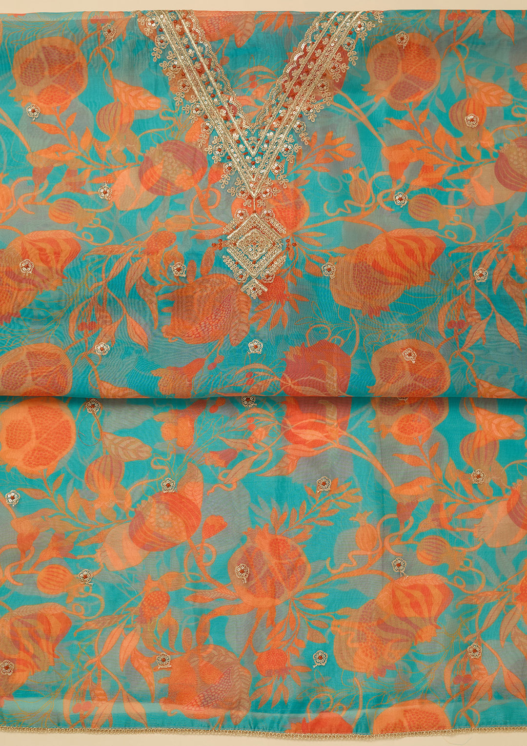 Turquoise Blue Multi Organza Floral Gold Zariwork Unstitched Dress Material With Matching Bottom And Dupatta