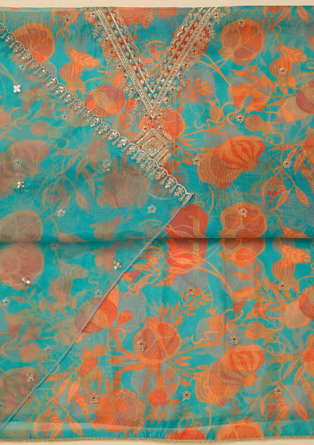 Turquoise Blue Multi Organza Floral Gold Zariwork Unstitched Dress Material With Matching Bottom And Dupatta