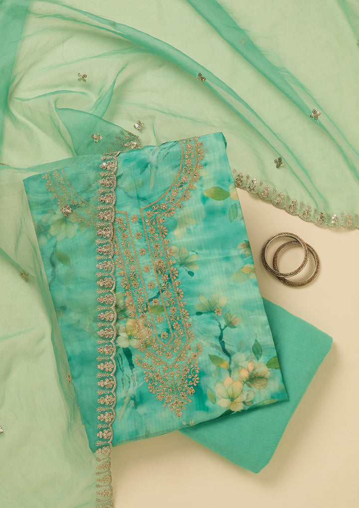 Leaf Green Organza Floral Gold Zariwork Unstitched Dress Material With Matching Bottom And Dupatta