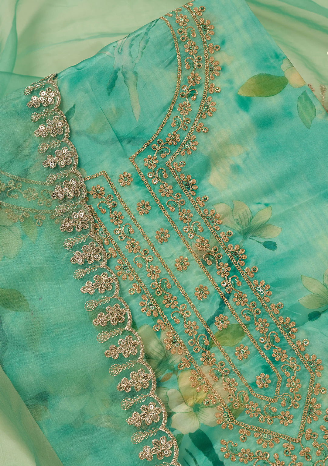 Leaf Green Organza Floral Gold Zariwork Unstitched Dress Material With Matching Bottom And Dupatta