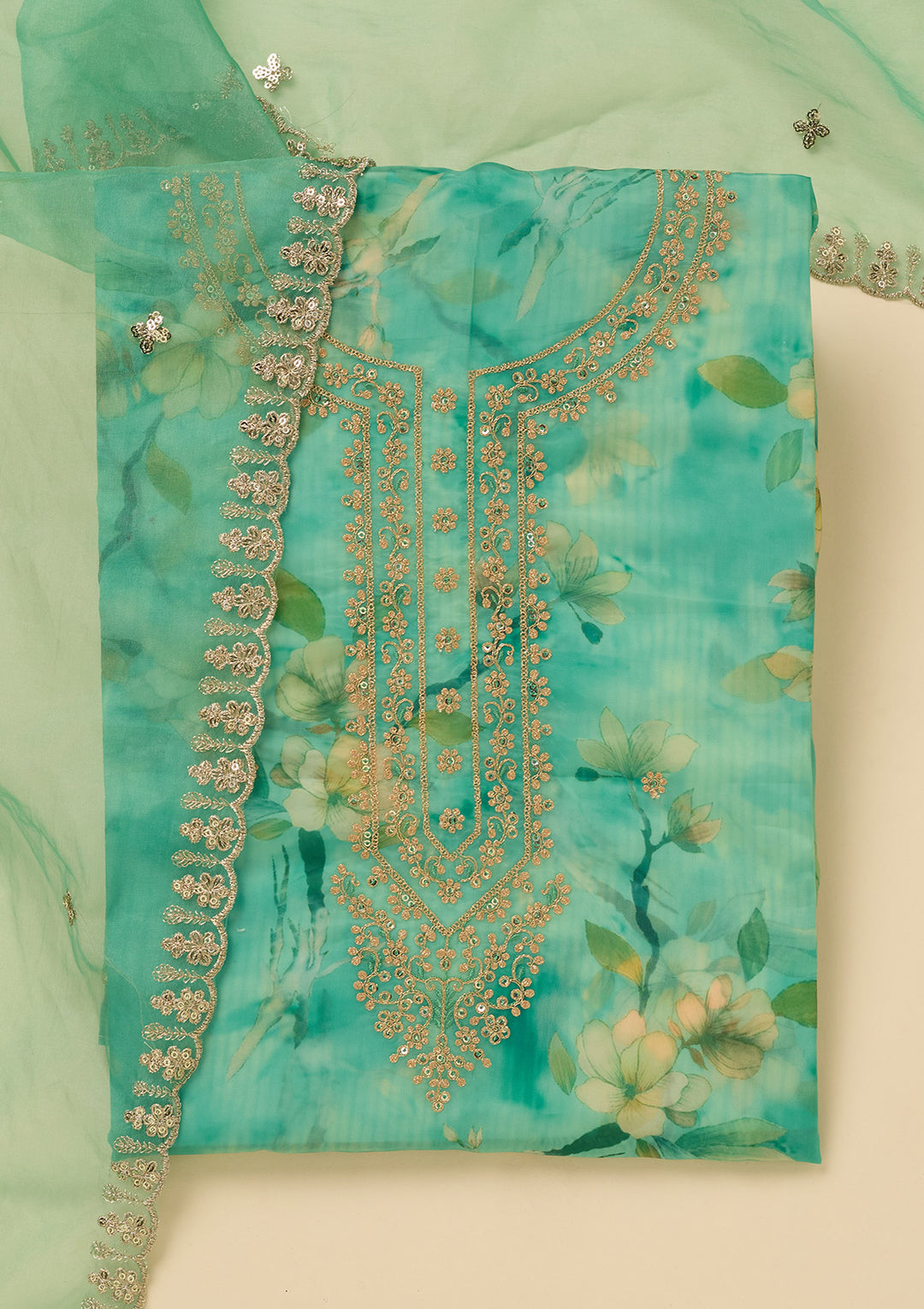 Leaf Green Organza Floral Gold Zariwork Unstitched Dress Material With Matching Bottom And Dupatta