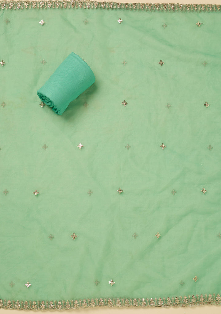 Leaf Green Organza Floral Gold Zariwork Unstitched Dress Material With Matching Bottom And Dupatta