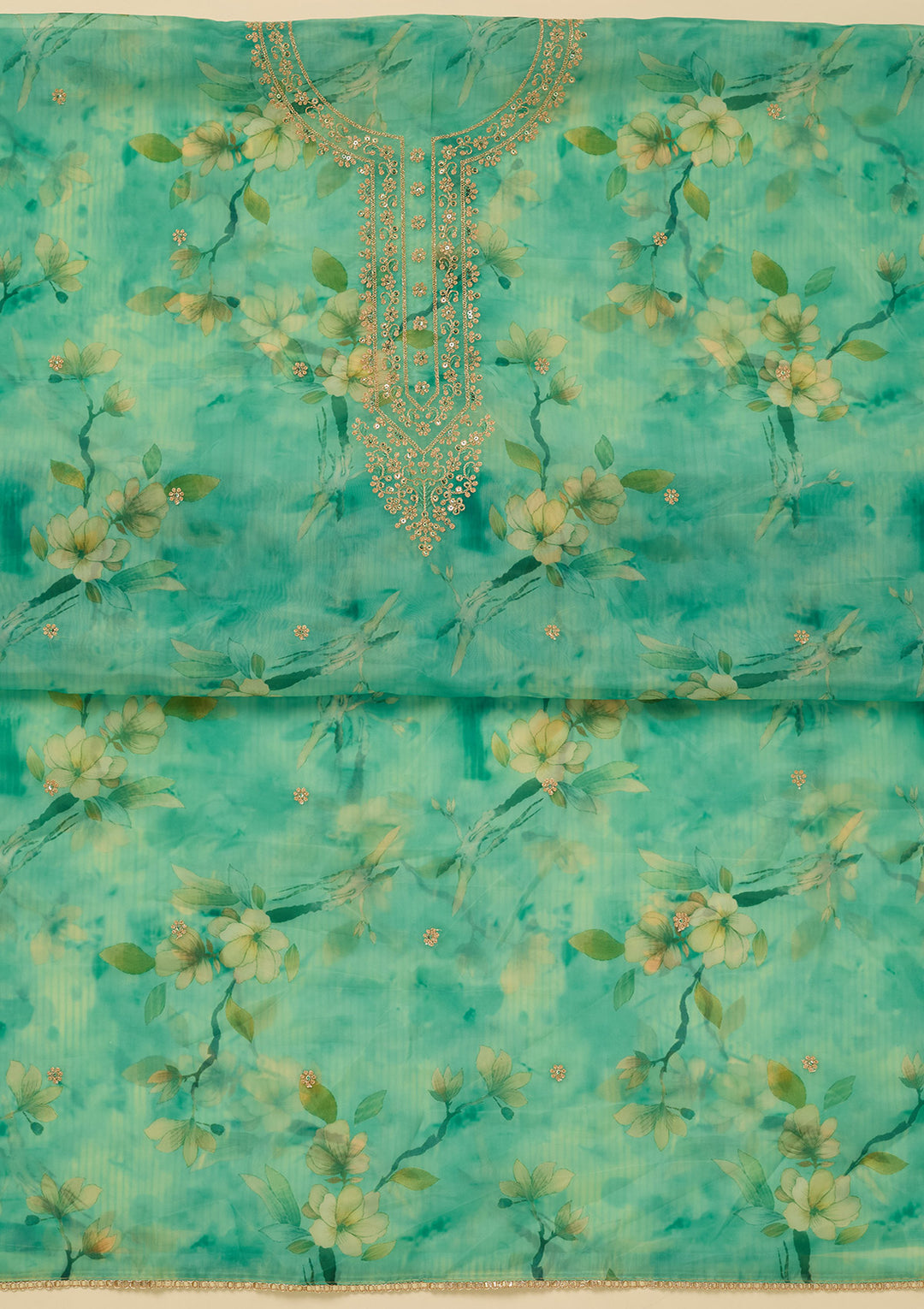 Leaf Green Organza Floral Gold Zariwork Unstitched Dress Material With Matching Bottom And Dupatta