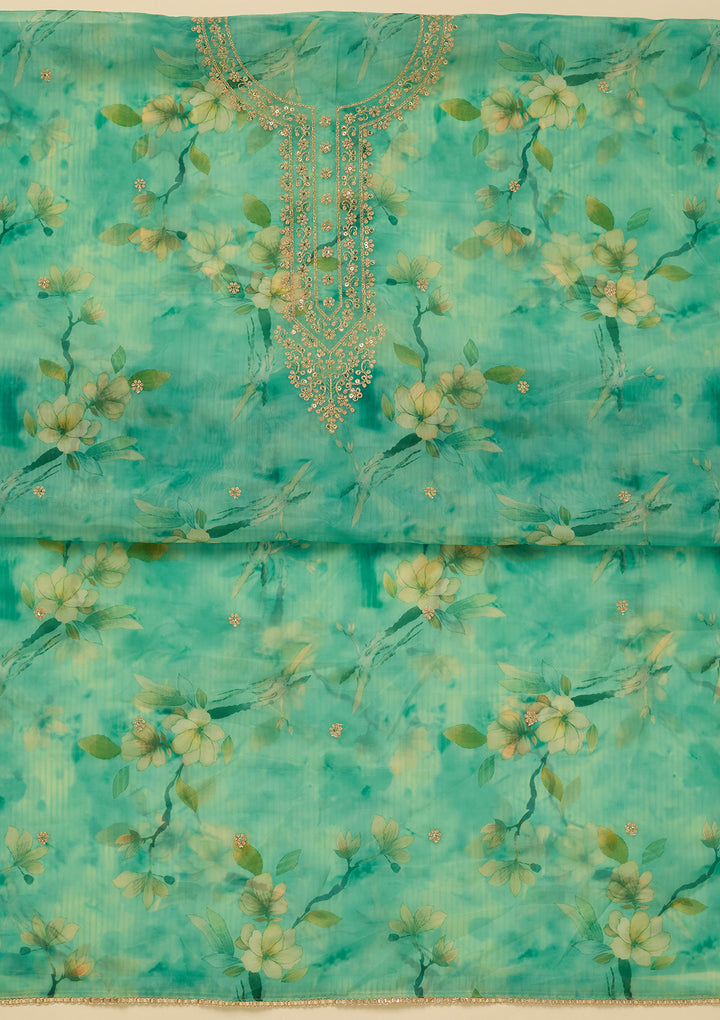 Leaf Green Organza Floral Gold Zariwork Unstitched Dress Material With Matching Bottom And Dupatta
