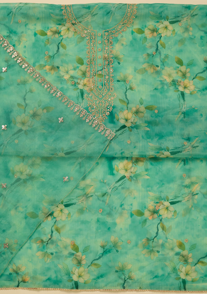 Leaf Green Organza Floral Gold Zariwork Unstitched Dress Material With Matching Bottom And Dupatta