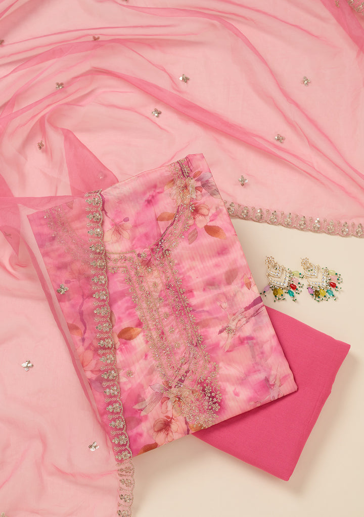 Pink Organza Floral Gold Zariwork Unstitched Dress Material With Matching Bottom And Dupatta