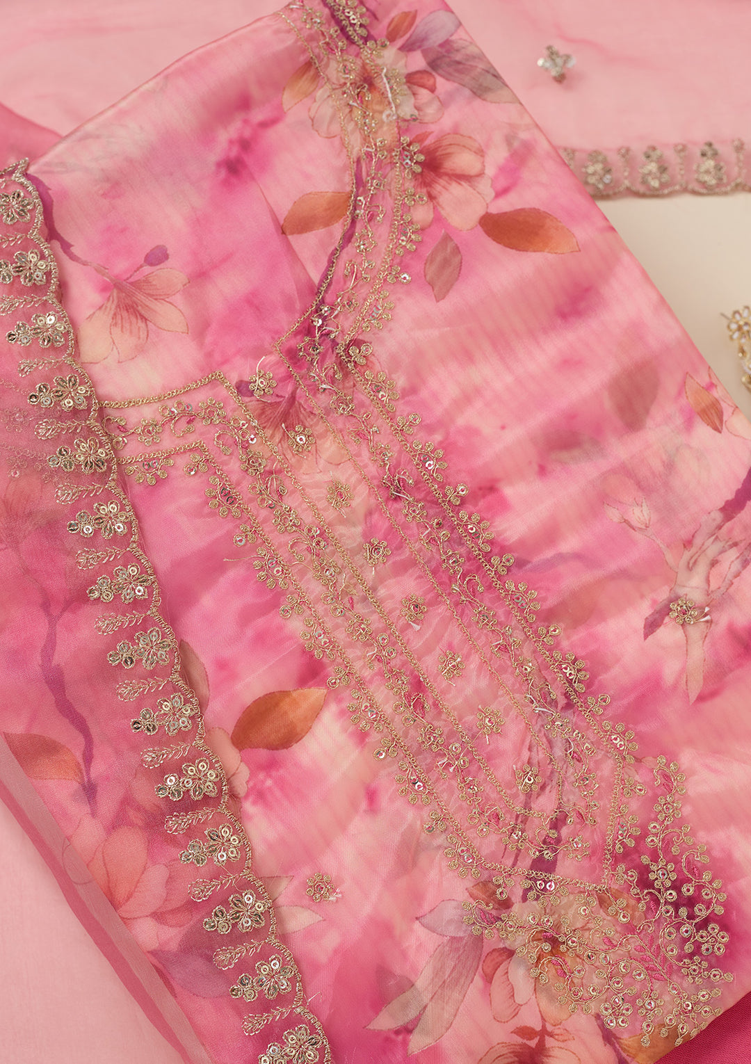 Pink Organza Floral Gold Zariwork Unstitched Dress Material With Matching Bottom And Dupatta