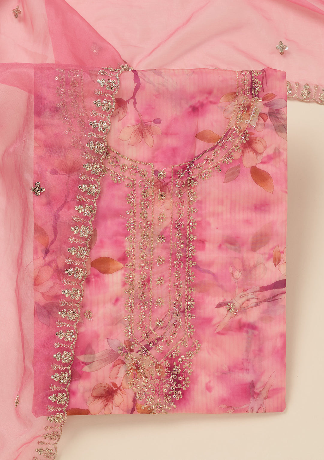 Pink Organza Floral Gold Zariwork Unstitched Dress Material With Matching Bottom And Dupatta
