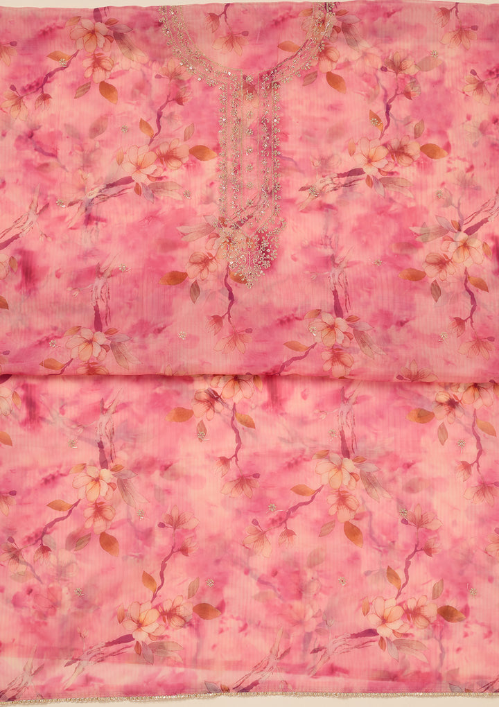 Pink Organza Floral Gold Zariwork Unstitched Dress Material With Matching Bottom And Dupatta