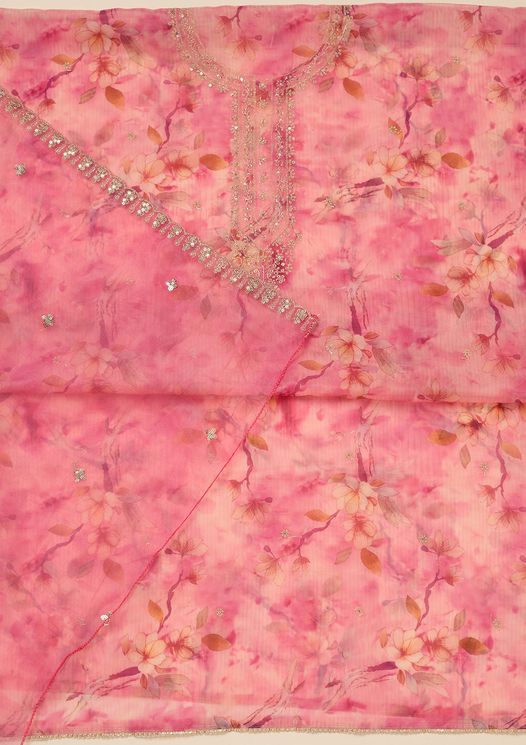 Pink Organza Floral Gold Zariwork Unstitched Dress Material With Matching Bottom And Dupatta