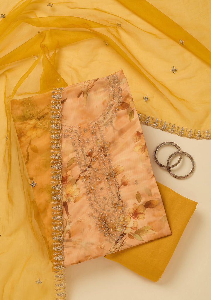 Yellow Organza Floral Gold Zariwork Unstitched Dress Material With Matching Bottom And Dupatta