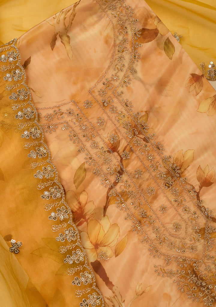 Yellow Organza Floral Gold Zariwork Unstitched Dress Material With Matching Bottom And Dupatta