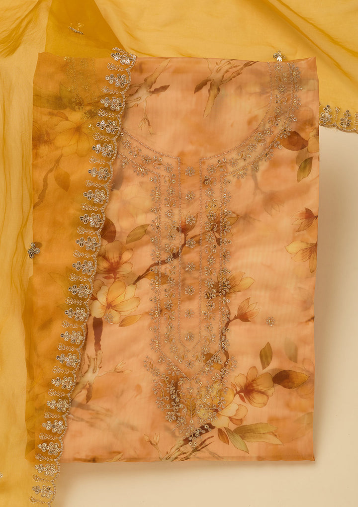 Yellow Organza Floral Gold Zariwork Unstitched Dress Material With Matching Bottom And Dupatta