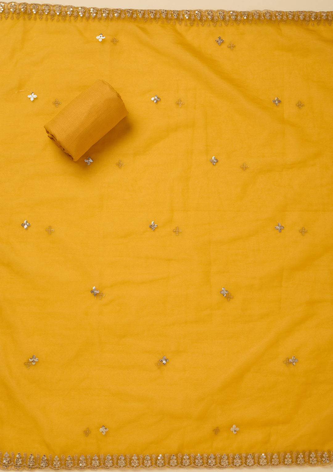 Yellow Organza Floral Gold Zariwork Unstitched Dress Material With Matching Bottom And Dupatta