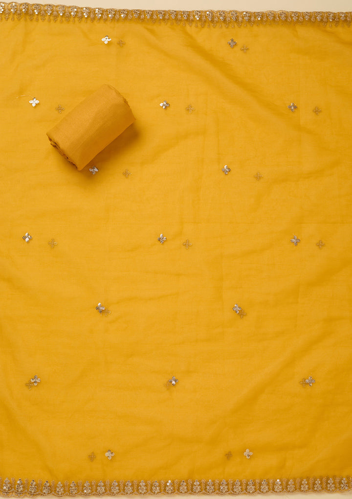 Yellow Organza Floral Gold Zariwork Unstitched Dress Material With Matching Bottom And Dupatta