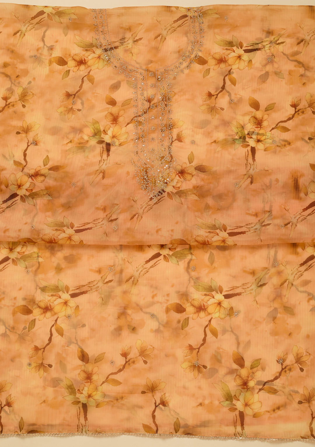 Yellow Organza Floral Gold Zariwork Unstitched Dress Material With Matching Bottom And Dupatta