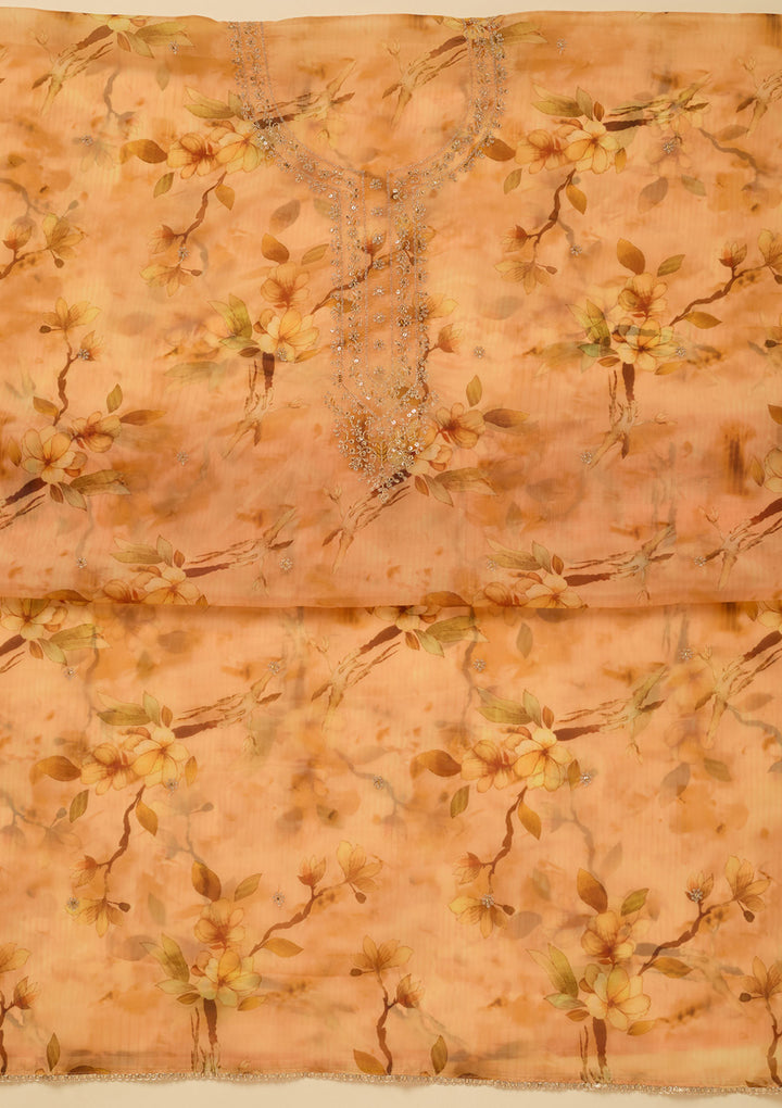 Yellow Organza Floral Gold Zariwork Unstitched Dress Material With Matching Bottom And Dupatta