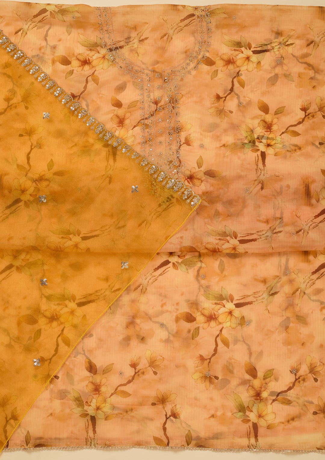 Yellow Organza Floral Gold Zariwork Unstitched Dress Material With Matching Bottom And Dupatta