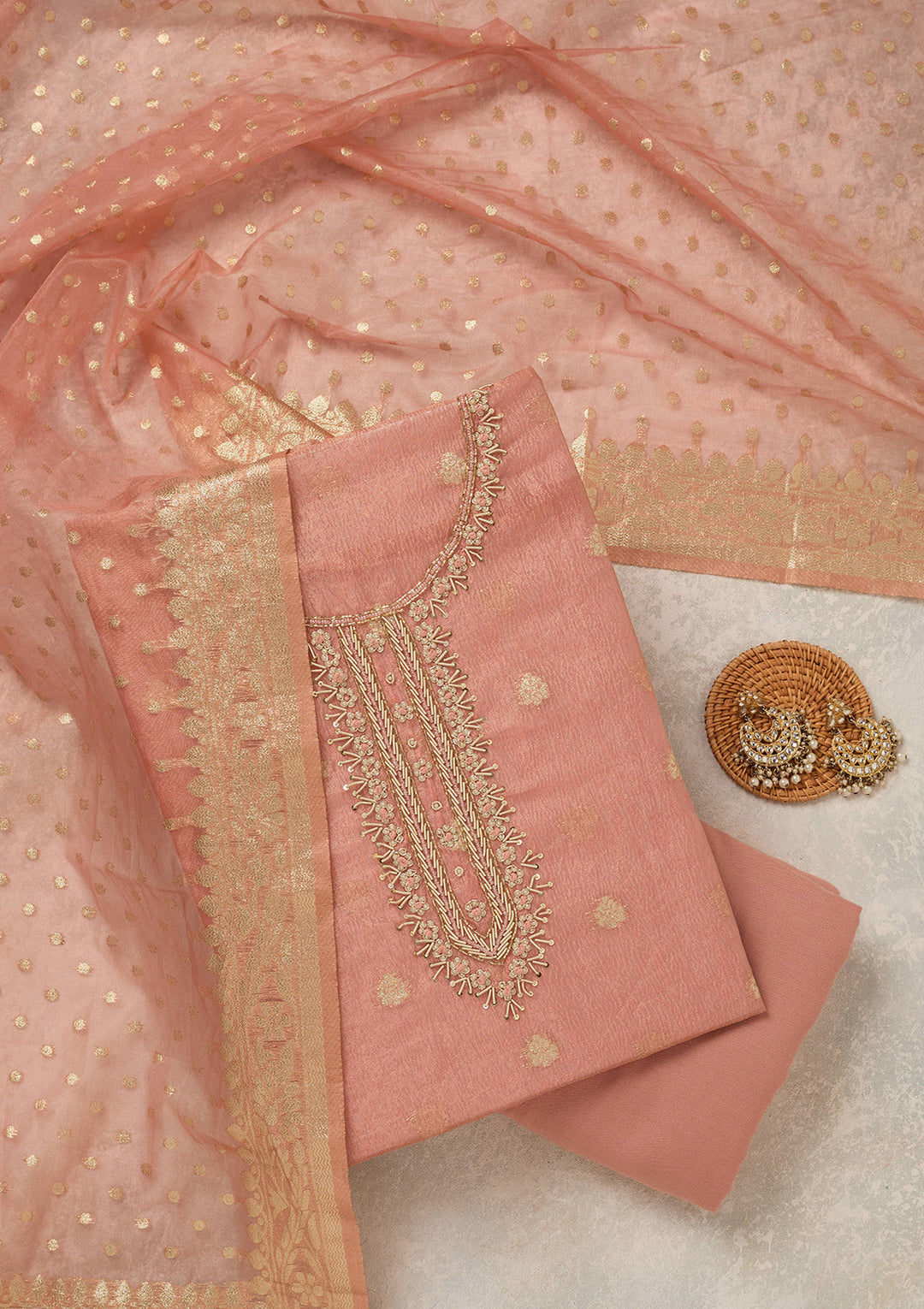 Peach Tissue Pearlwork Unstitched Dress Material With Matching Bottom And Dupatta